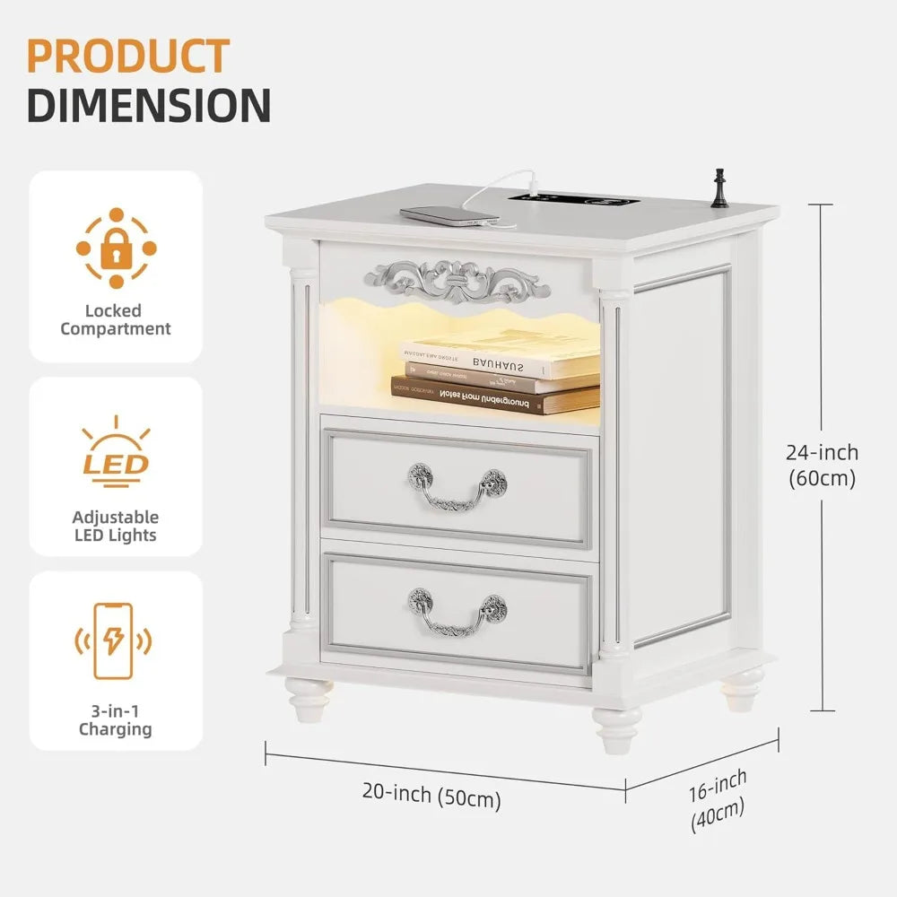 RBXC Farmhouse Nightstand With Gun Drawer LED Lighting And Charging Station
