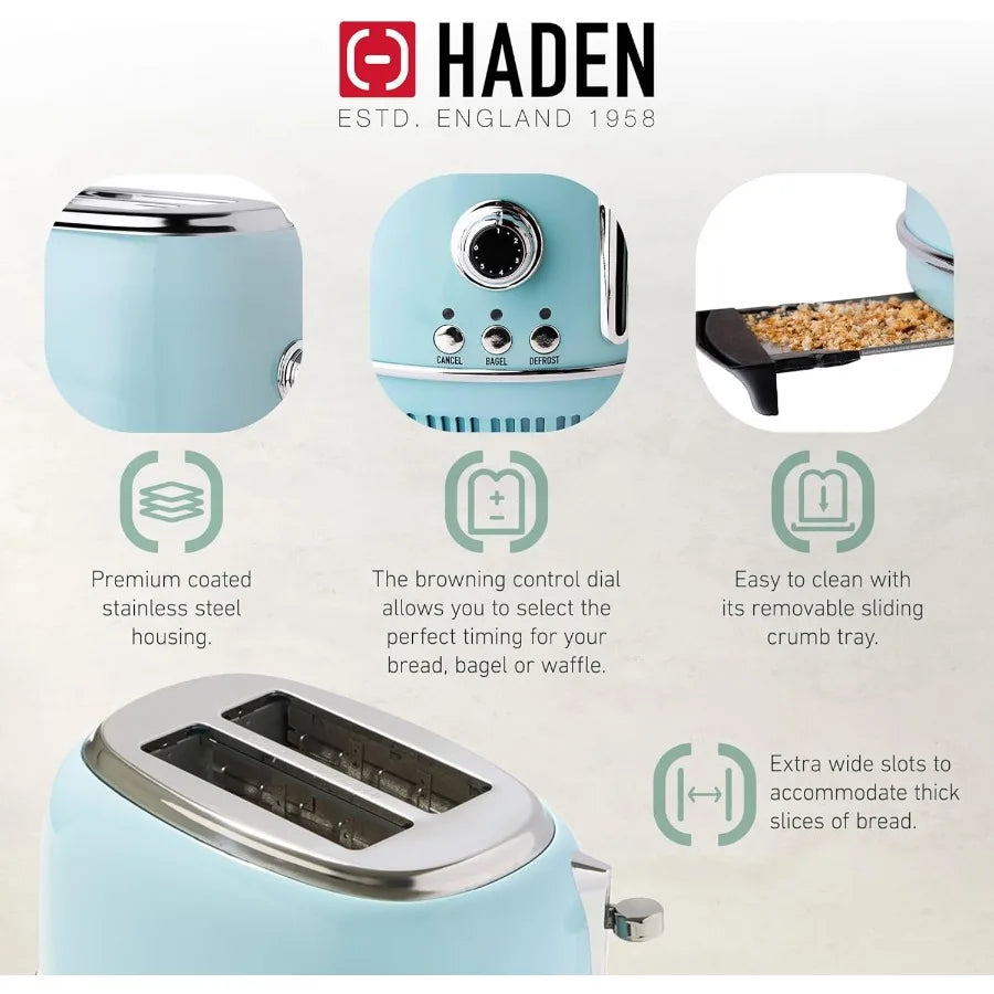 Heritage 1.7 Liter Stainless Steel Electric Tea Kettle with Heritage 2 Slice Wide Slot Stainless Steel Bread Toaster Turquoise