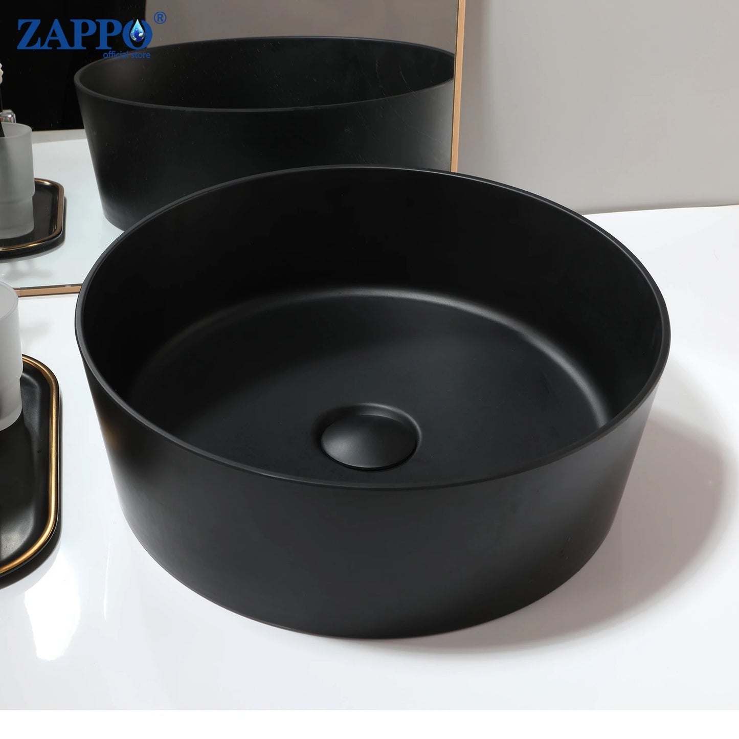 ZAPPO Bathroom Vessel Sink With Drain Bathroom Stone Resin Washbasin Round Above Counter Bowl Sinks for Bar Hotel (No Faucet)