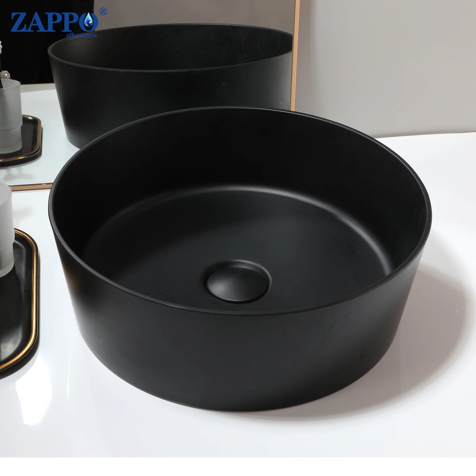 ZAPPO Bathroom Vessel Sink With Drain Bathroom Stone Resin Washbasin Round Above Counter Bowl Sinks for Bar Hotel (No Faucet)