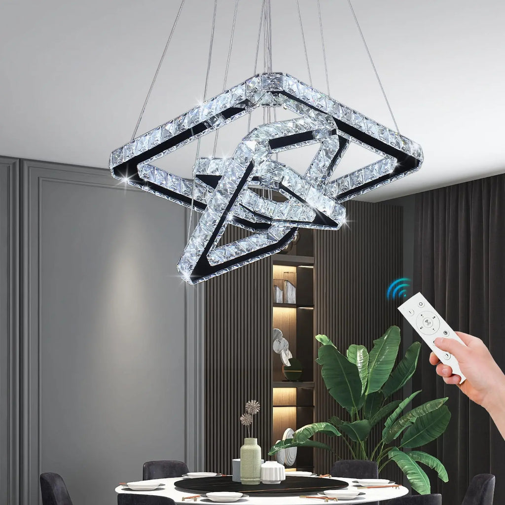 Finktonglan Three Square Rings LED Crystal Pendant Light Dimmable Chandelier