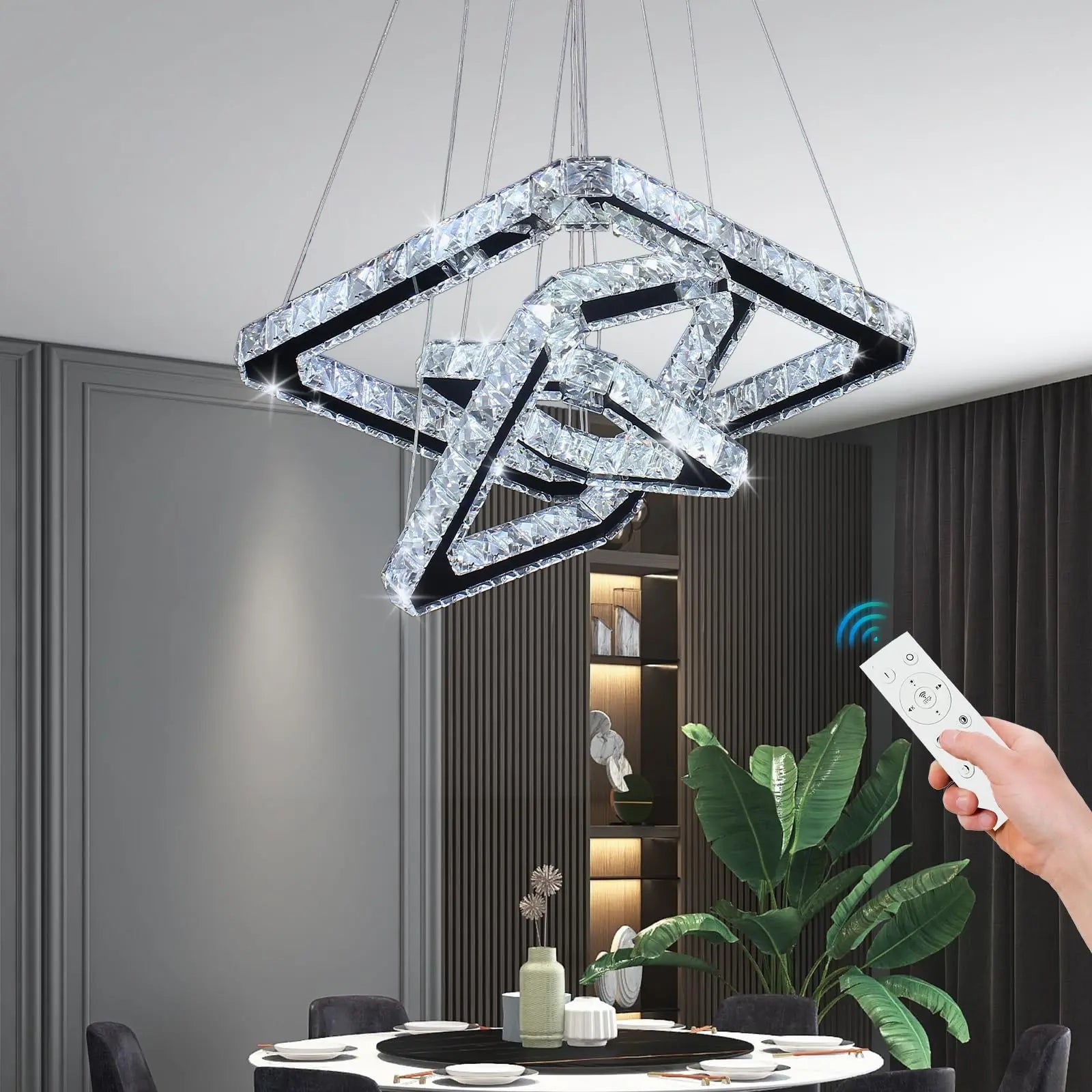 Finktonglan Three Square Rings LED Crystal Pendant Light Dimmable Chandelier