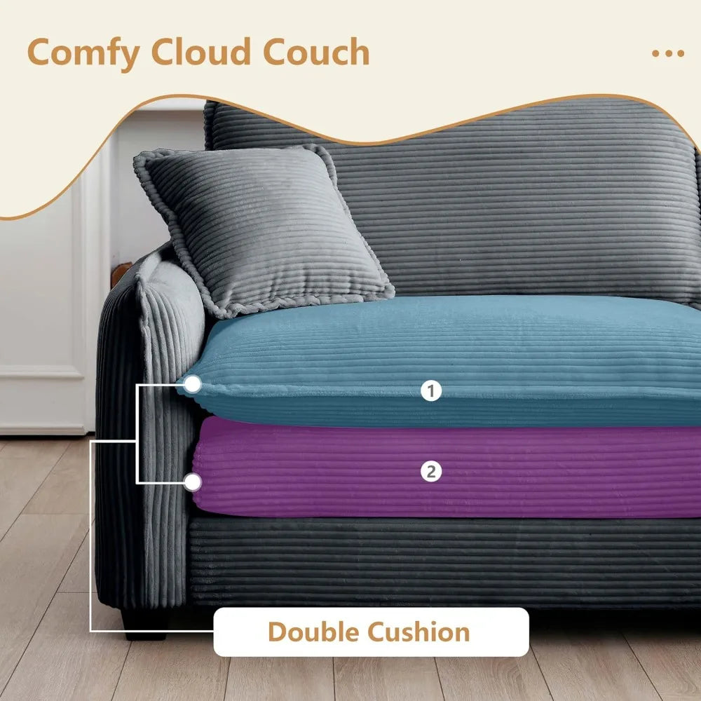 Modern Modular Sectional Sofa Corduroy Loveseat Sofa with Movable Ottoman,81” Comfy Cloud Deep Seat L-Shaped Couches with