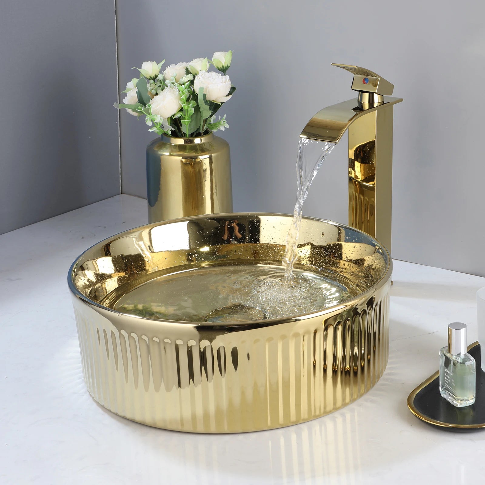 KEMAIDI 14.6'' Gold Round Vessel Sink with Faucet Ceramic Vessel Sink Bathroom Sinks Above Counter Vessel Sink Counter top Sink