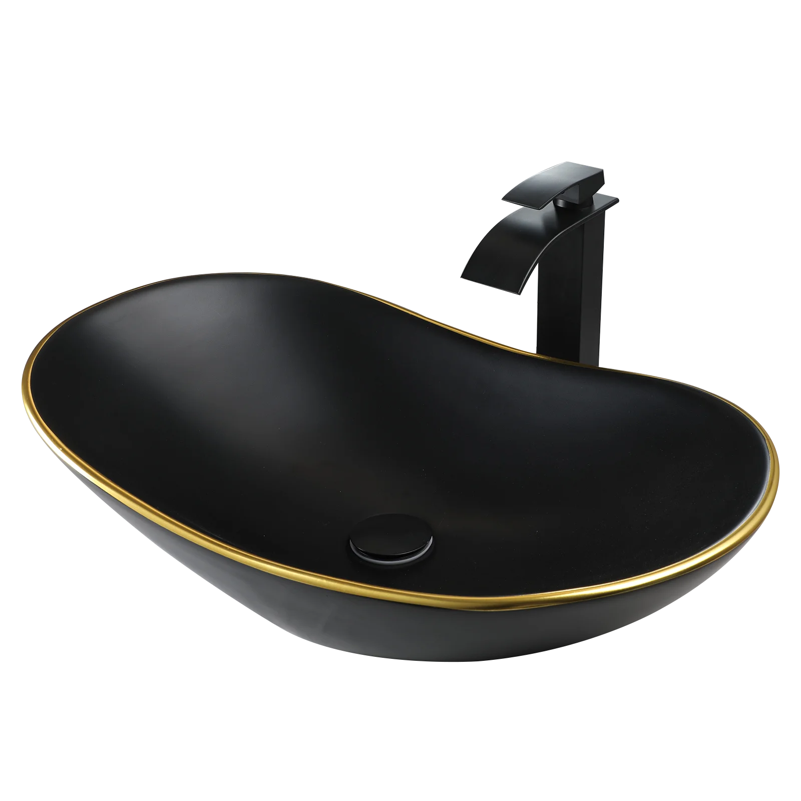 KEMAIDI Black Bathroom Sink with Gold Trim Oval Porcelain Vessel Sink with Faucet Drain Combo Above Counter Wash Basin Sink Bowl