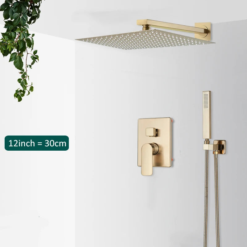 Brushed Gold Concealed Shower System Bathroom Rain Shower System Shower Mixer Tap Rainfall Shower Faucet
