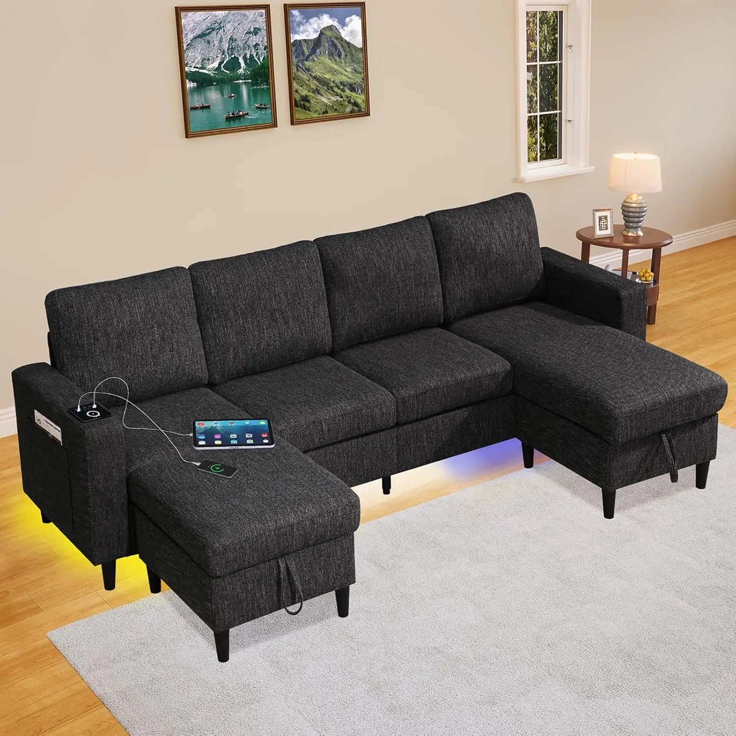 Sectional Couches for Living Room, 6-Seats Soft Linen Fabric Sectional Sofa with Storage Ottoman, Modern Convertible U/L Shaped