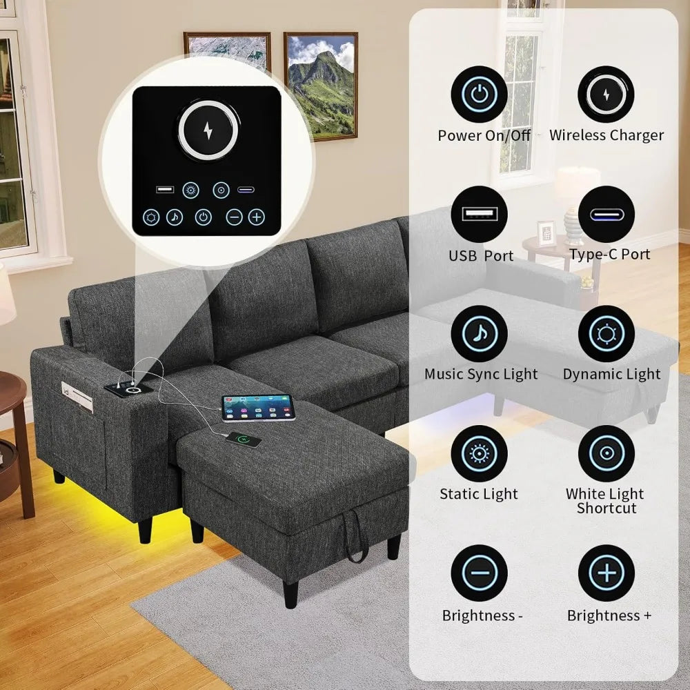 Sectional Couches for Living Room, 6-Seats Soft Linen Fabric Sectional Sofa with Storage Ottoman, Modern Convertible U/L Shaped