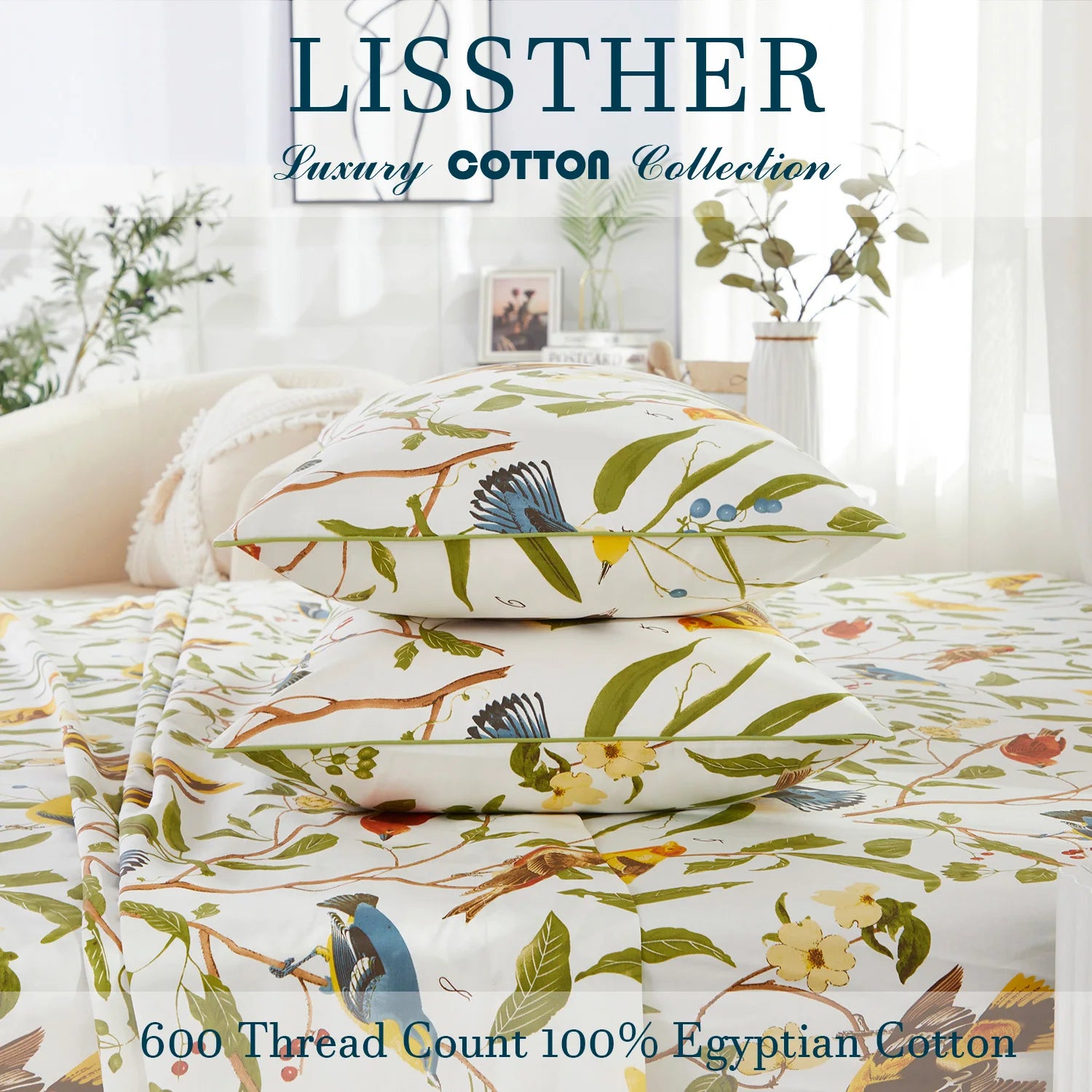 LISSTHERCN 3Pc Egyptian Cotton Duvet Cover Set Bird Floral