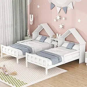 Softsea Double Twin Bed Frame for Kids House Bed Nightstand