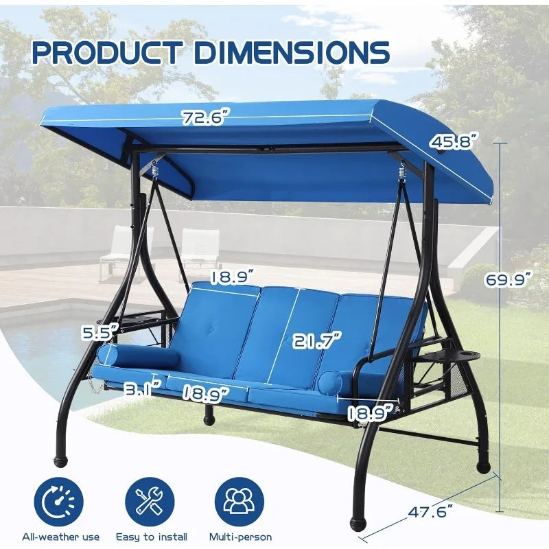 3 Seat Outdoor Porch Swing With Adjustable Canopy And Cushions