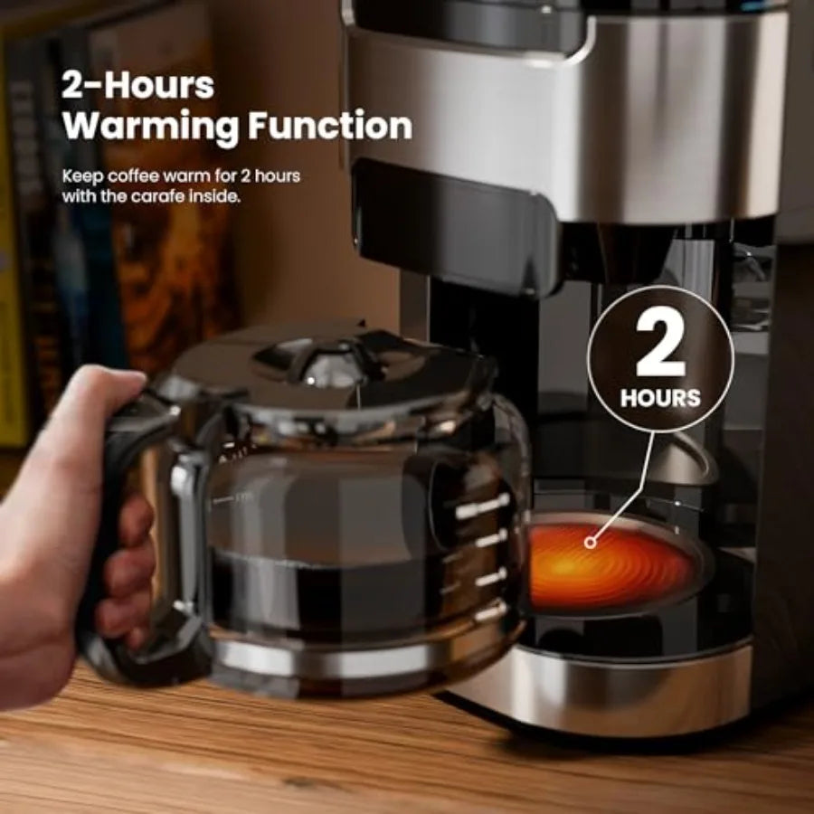 10-Cup Digital Drip Coffee Maker with Built-In Grinder 12-Hour Timer Programmable 1.5L Water Tank Keep-Warm Function Combo Brew