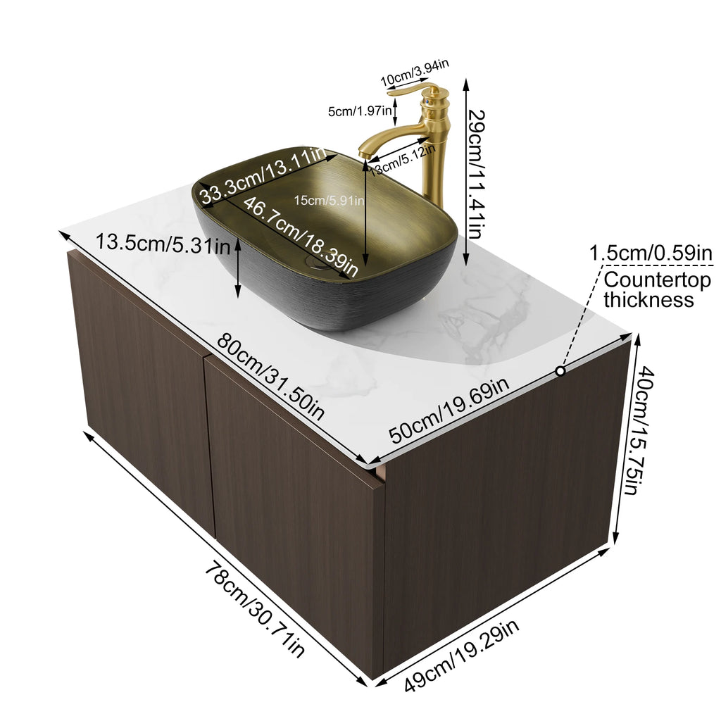 80/100/120CM Modern Floating Bathroom Vanity Sink Combo Wall Cabinet Set Ceramic Basin Stone Top Faucet and Flexible Hoses