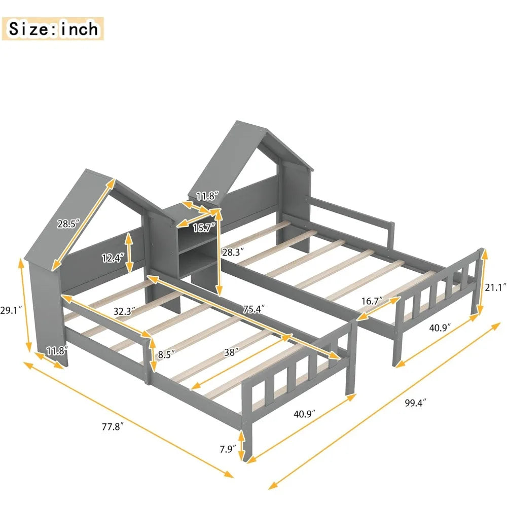 Softsea Double Twin Bed Frame for Kids House Bed Nightstand
