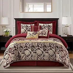 Red and Gold Comforter Set Queen Size, 9 Piece Jacquard Floral Bedding Set, All Season, Ultra-Soft, Matching Pillows & Shams, B