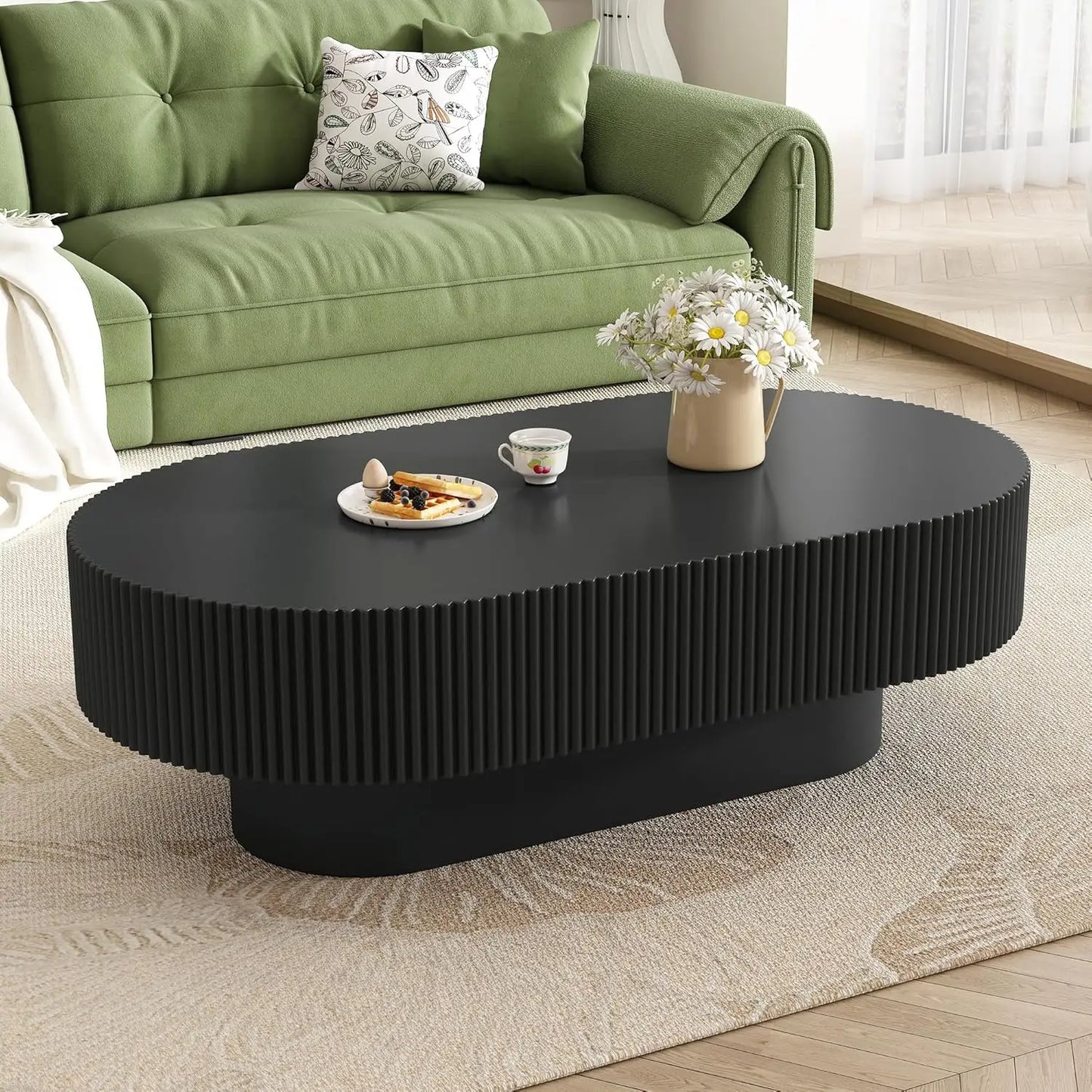 31.5 Inch Round Drum Coffee Table, Modern Handcraft Fluted Drum Coffee Table, Wooden Round Coffee Table Center Table Cocktail Ta