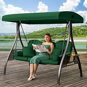 Steel Outdoor Three Seat Porch Swing With Adjustable Canopy