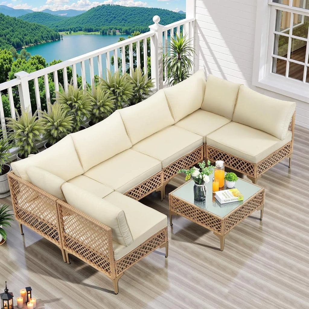 SEOGWISAM Outdoor 7-Piece Wicker Patio Furniture Set With Coffee Table