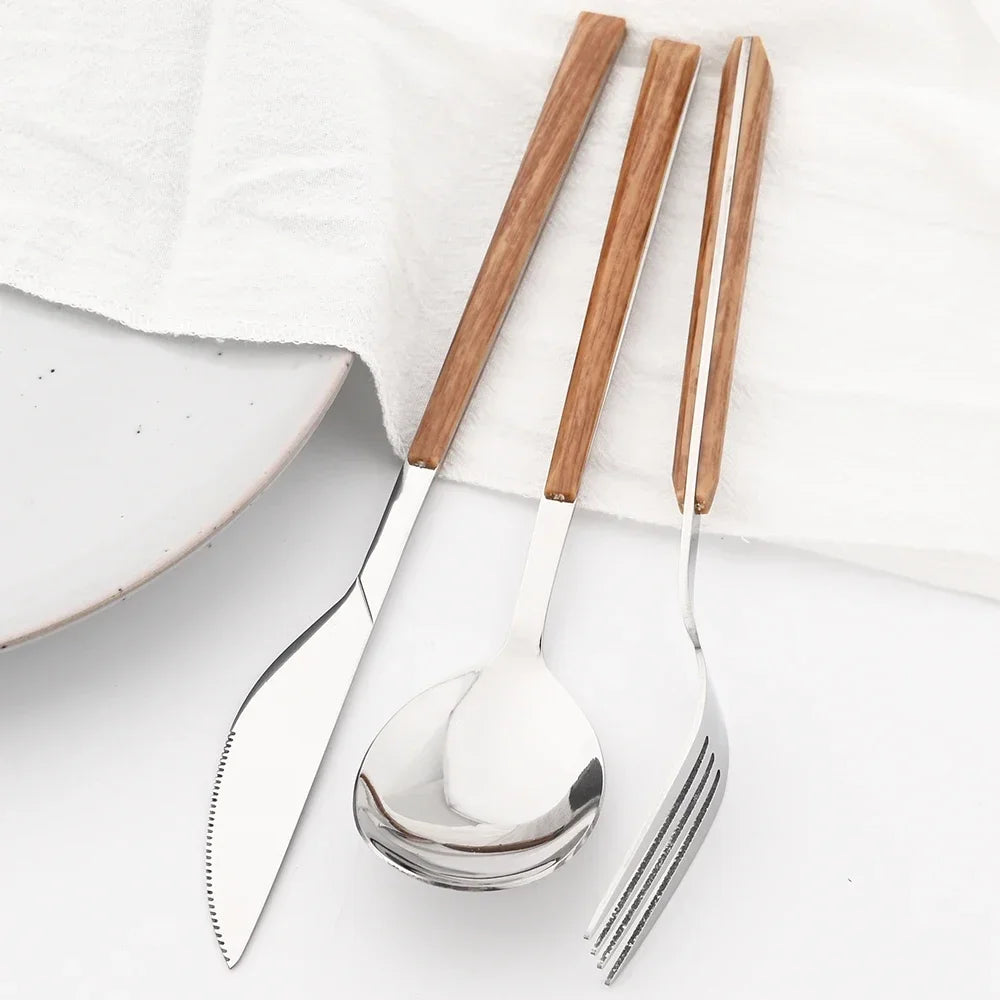 Pinkten 16/24/30Pcs Stainless Steel Imitation Wood Handle Cutlery Set