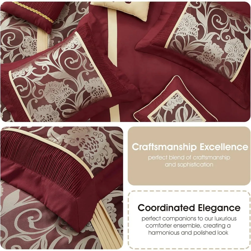 Red and Gold Comforter Set Queen Size, 9 Piece Jacquard Floral Bedding Set, All Season, Ultra-Soft, Matching Pillows & Shams, B