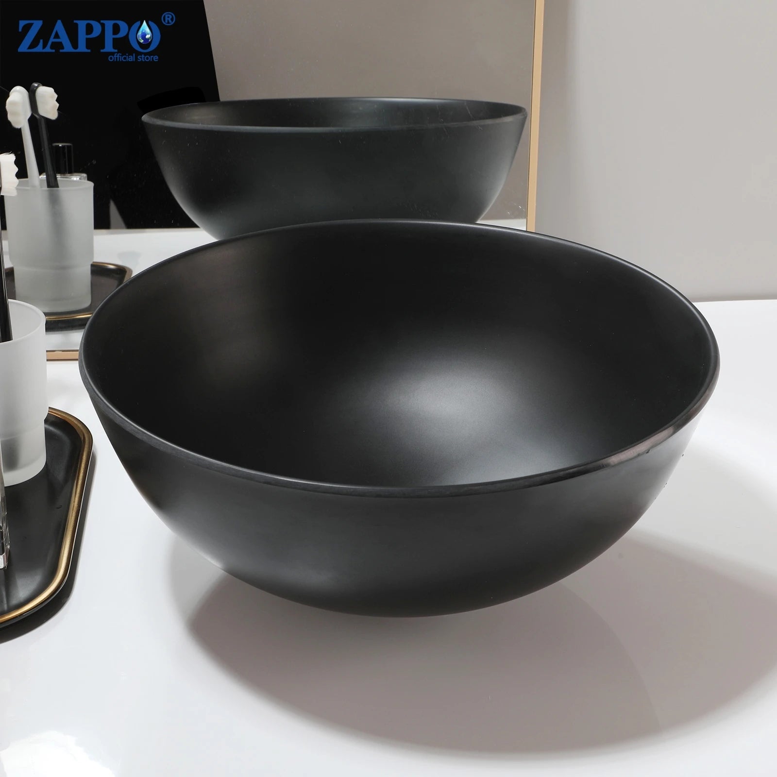 ZAPPO Bathroom Vessel Sink With Drain Bathroom Stone Resin Washbasin Round Above Counter Bowl Sinks for Bar Hotel (No Faucet)