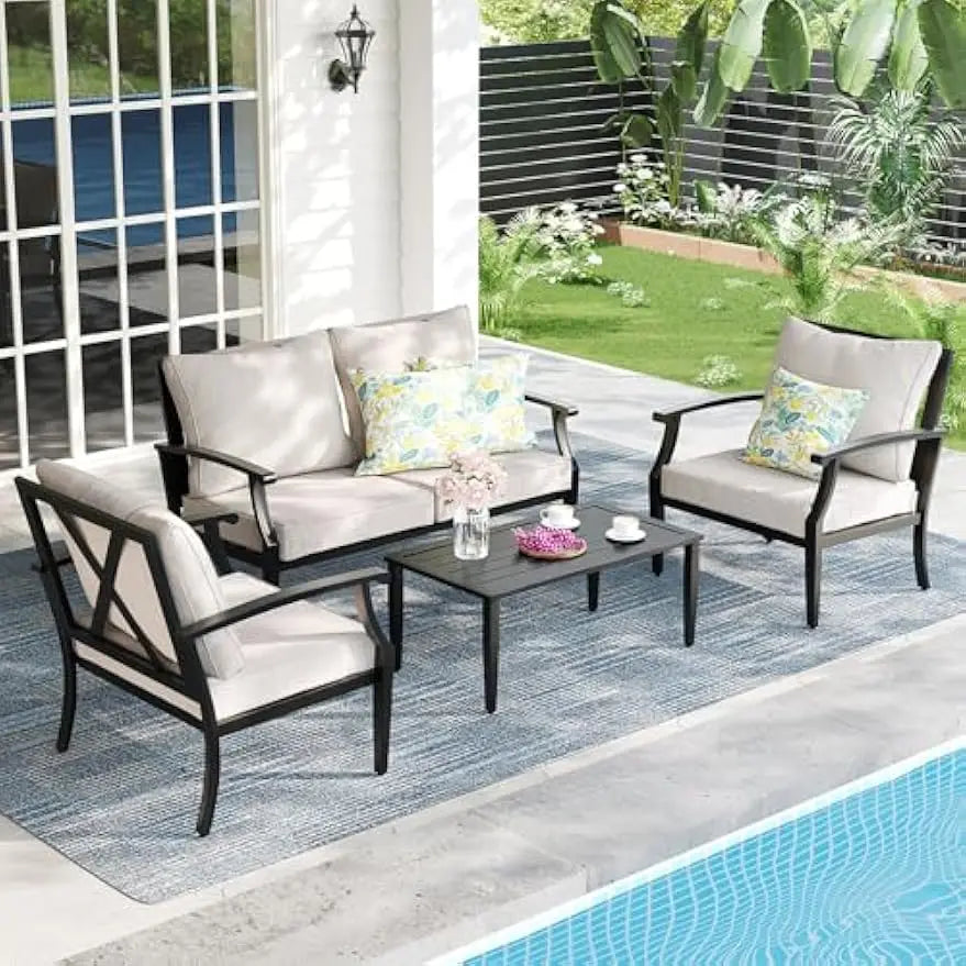 Outdoor Patio Metal Conversation Set With Sofa Loveseat Table