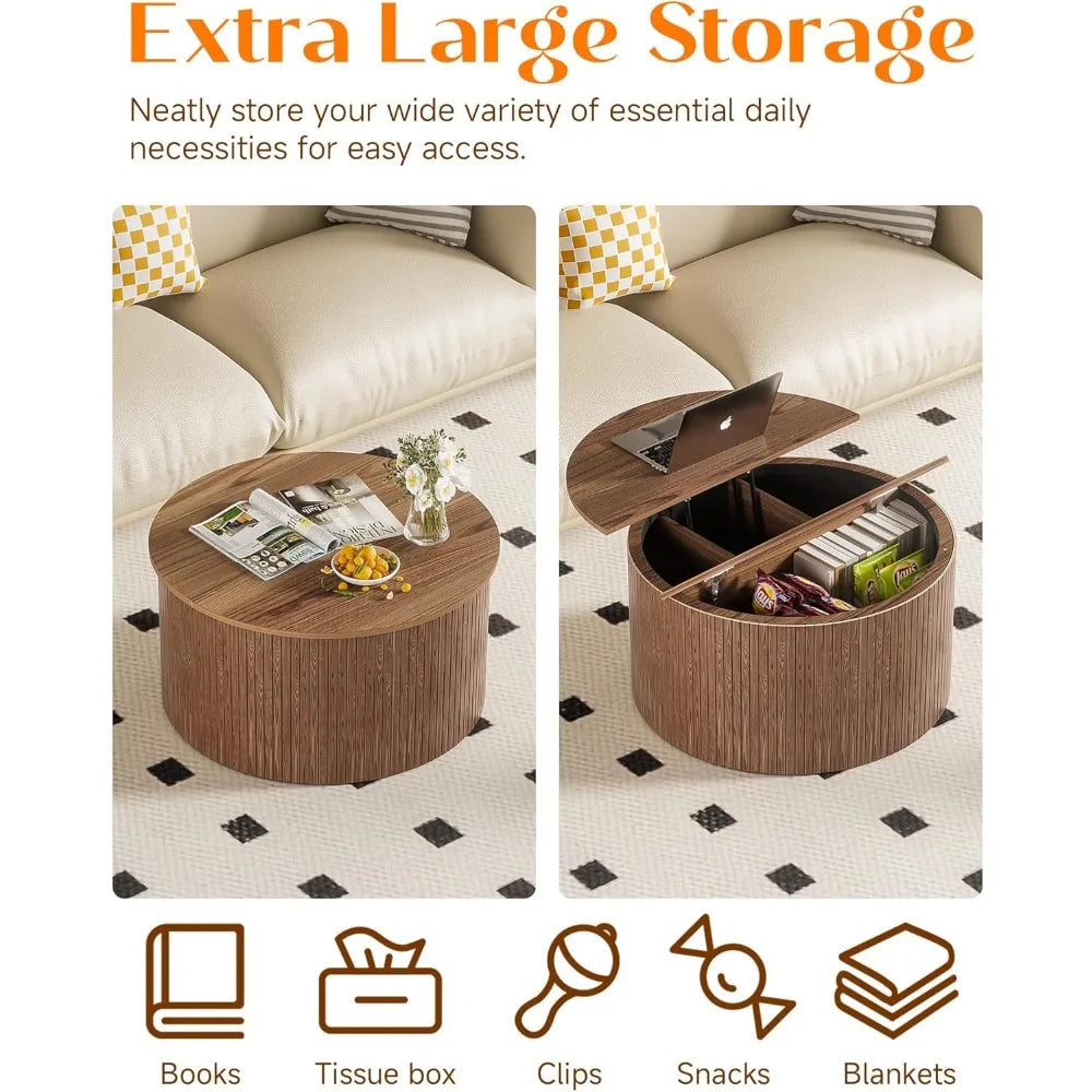 Fluted Round Lift Top Coffee Table With Storage Walnut