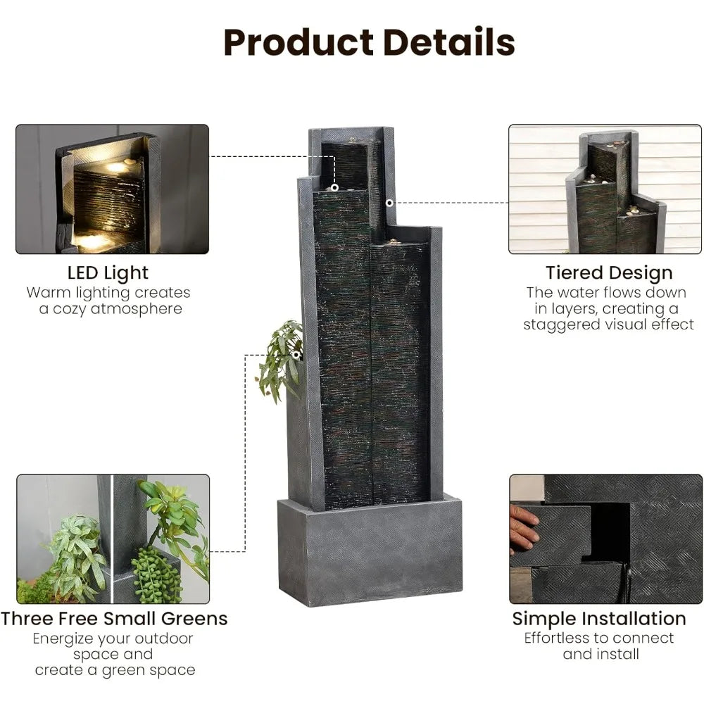 Garden Water Fountain Outdoor Modern Cascading Floor Standing With Lights