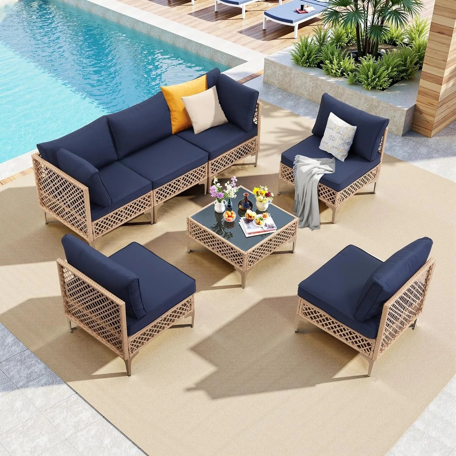 SEOGWISAM Outdoor 7-Piece Wicker Patio Furniture Set With Coffee Table