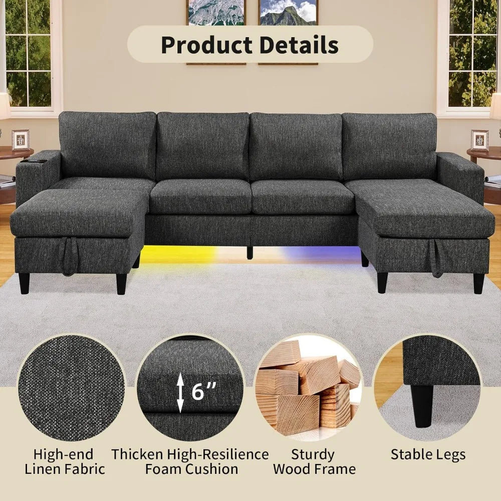 Sectional Couches for Living Room, 6-Seats Soft Linen Fabric Sectional Sofa with Storage Ottoman, Modern Convertible U/L Shaped