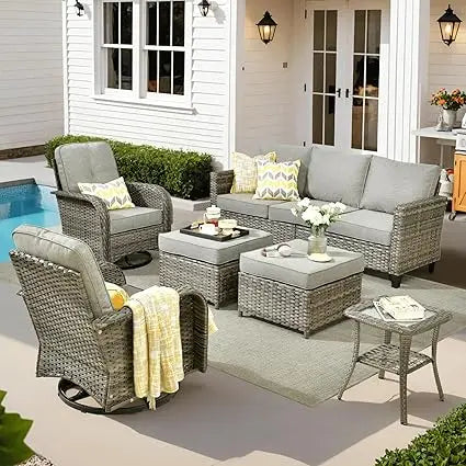 6 Pieces Patio Furniture Set, Outdoor Wicker Sofa Couch with Rocking Swivel Chairs Comfy Cushions, Modern Deep Seat Rattan Conv