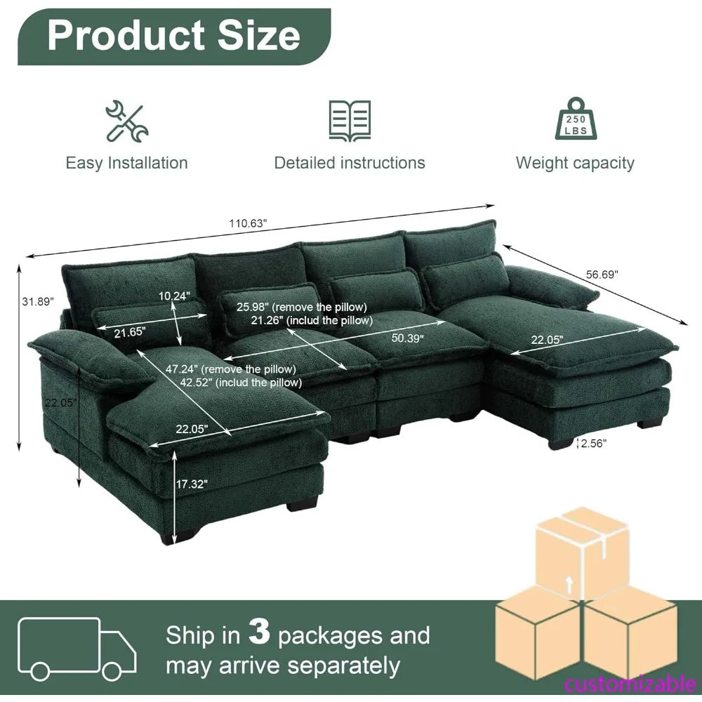 XMSJ Chenille U-Shaped Cloud Sectional Sofa