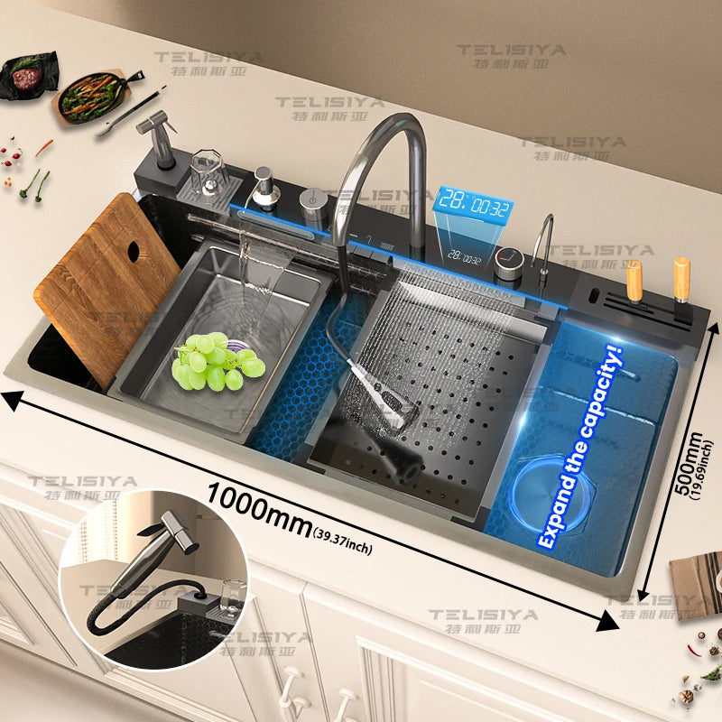 Telisiya Golden Stainless Steel Waterfall Kitchen Sink