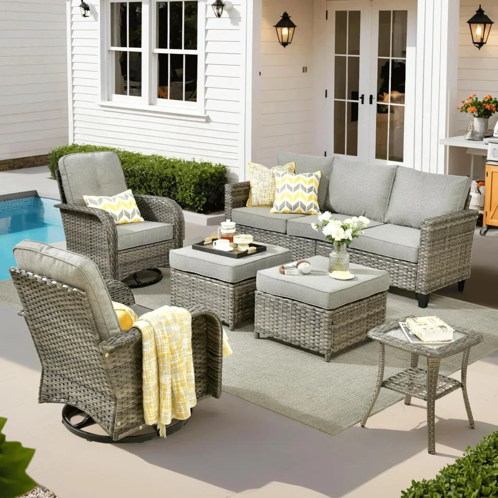 Ovios Patio Wicker Sofa Set With Swivel Chairs Cushions