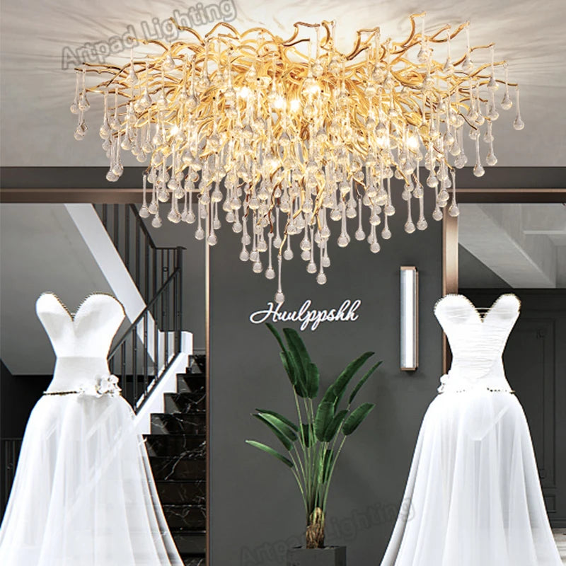 Luxury Modern Crystal Ceiling Bedroom Chandelier Round Glass Cristal Gold Tree Branch Ceiling Chandeliers For Living Dining Room