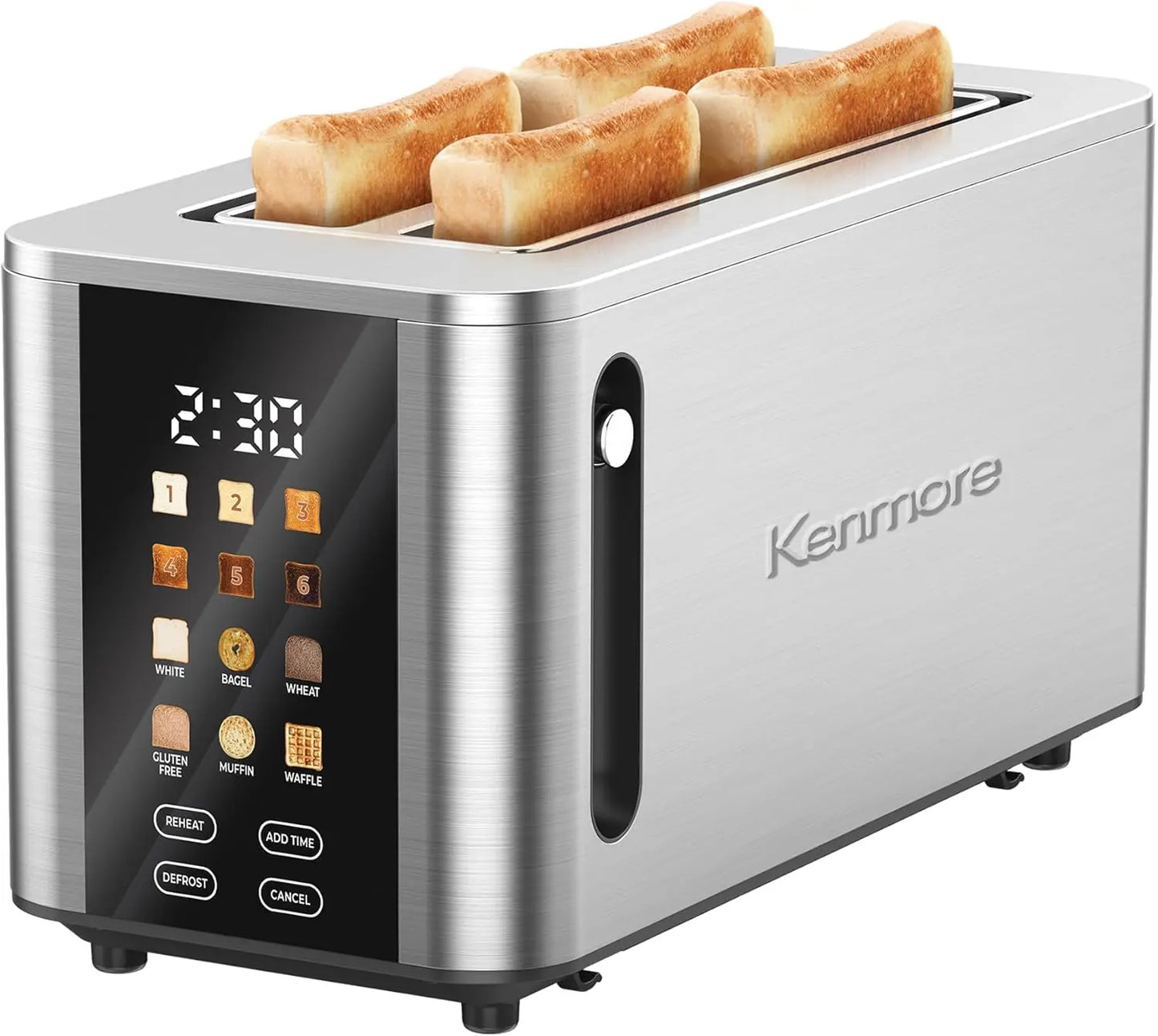 Kenmore 4-Slice Digital Touchscreen Toaster - 900W StainlSteel, Wide Slots 6 Shade Settings, Bread Presets, Countdown Timer