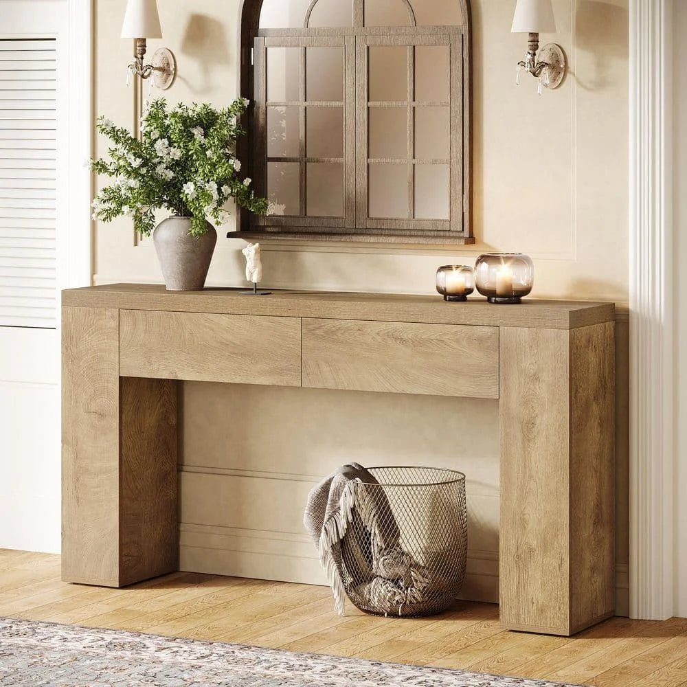 Wood Console Table With Two Drawers And Sturdy Pedestal