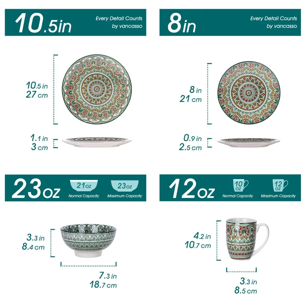 MALACASA Bohemian Mandala Porcelain Sixteen Piece Dinnerware Set