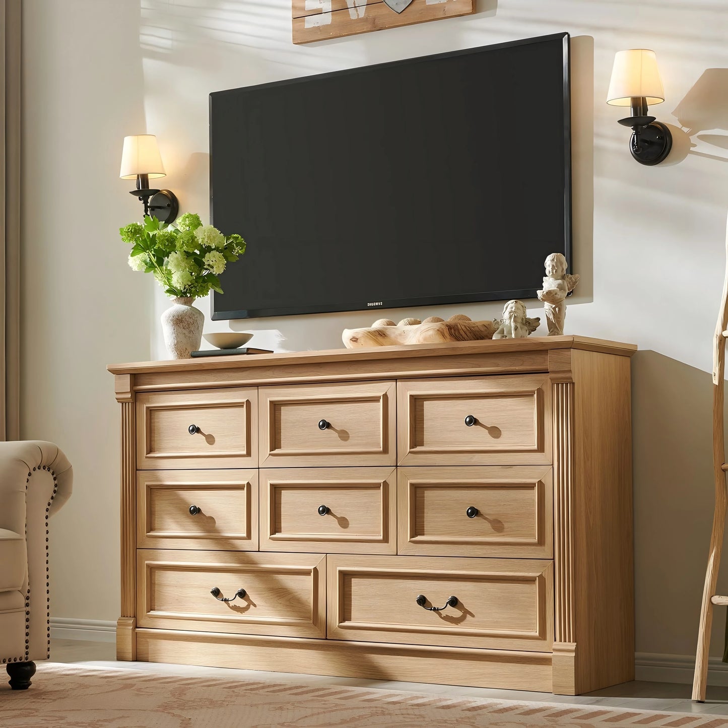 GYROOR Farmhouse 8 Drawer Dresser With Roman Columns