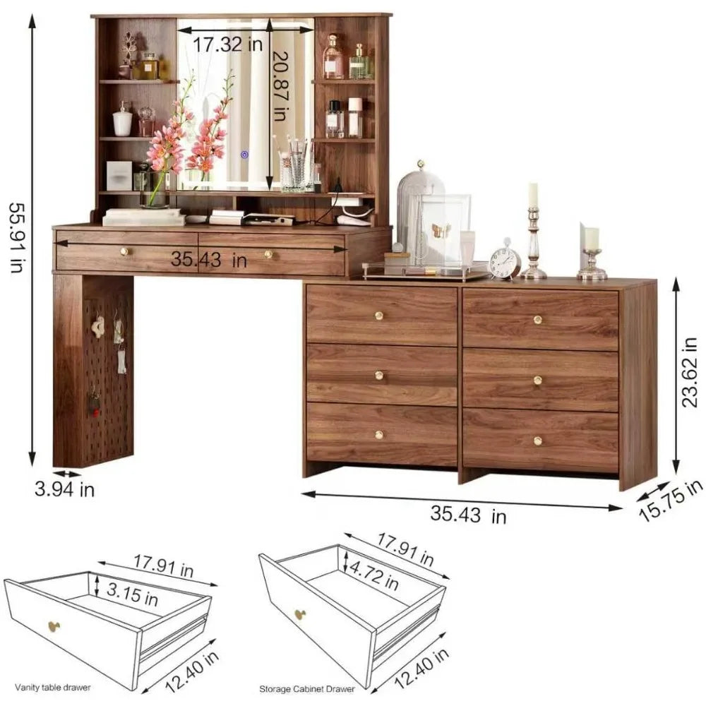 Vanity Desk With Mirror Lights And Eight Drawers Storage Shelves