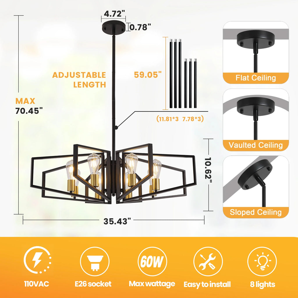 Modern Geometric 8 Light Chandelier With Adjustable Height Pendant