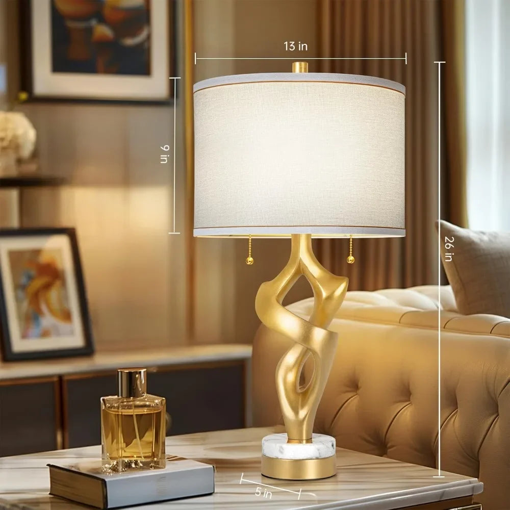 Customizable-Scenekoy Sculptural Table Lamp Set Of 2 For Living Room With Marble Base & USB Ports, Gold Leaf Finish Rustic Bedsi