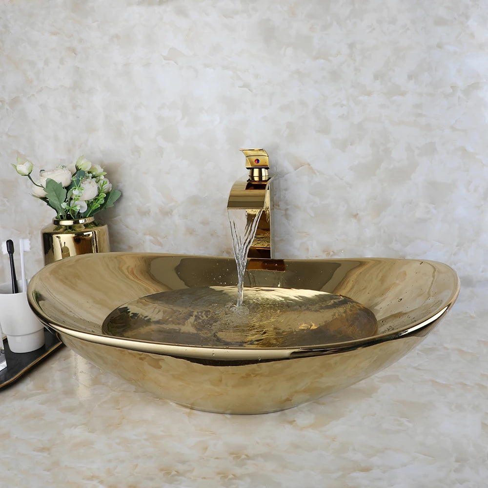 OUBONI Gold Ceramic Luxury Bathroom Vessel Sink Set  Bowl Washbasin Waterfall Brass Faucet Pop Up Drain Combo High-End Basin Kit