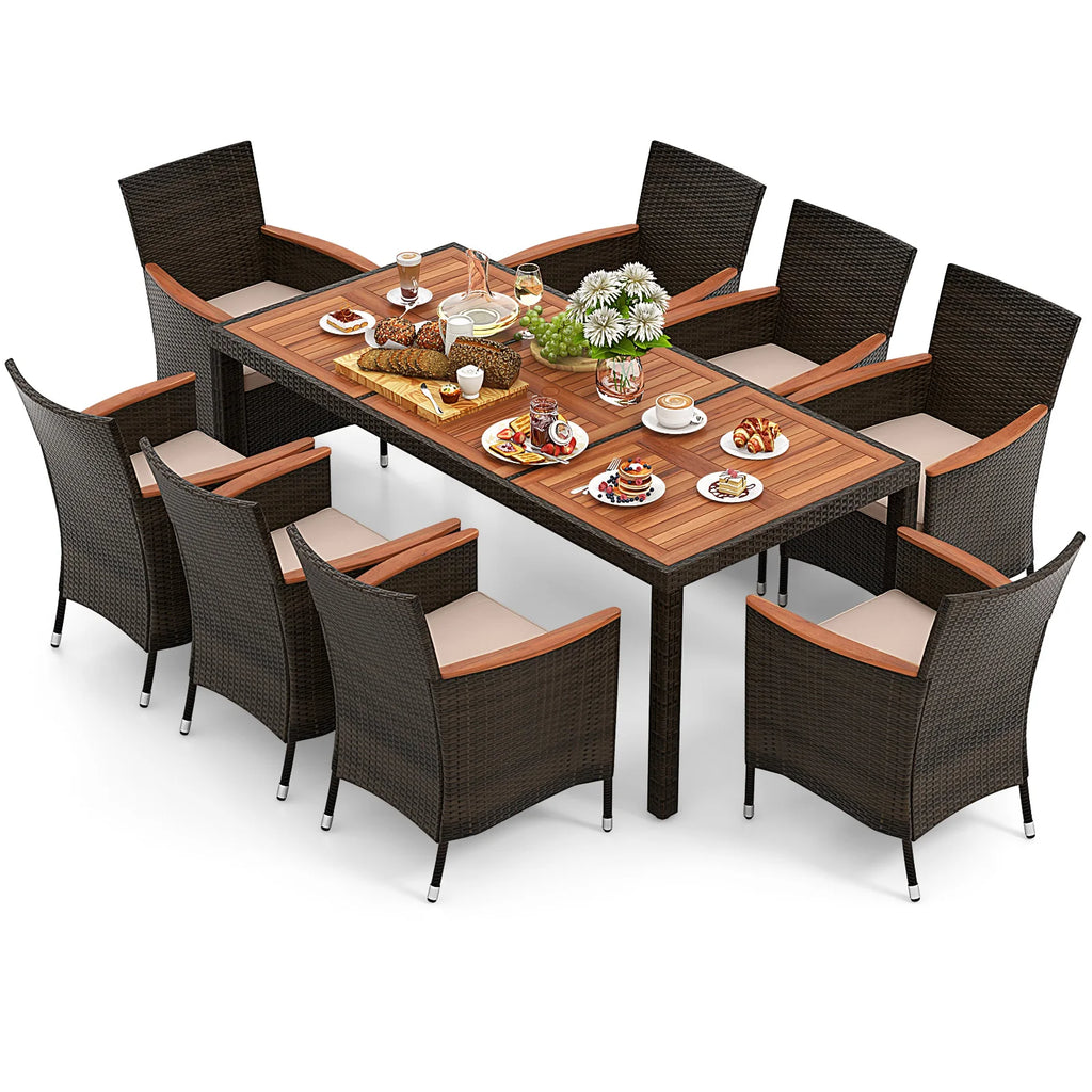 HOMASIS Weather-Resistant 9-Piece Patio Wicker Dining Set With AcaciaWoodTable Cushions