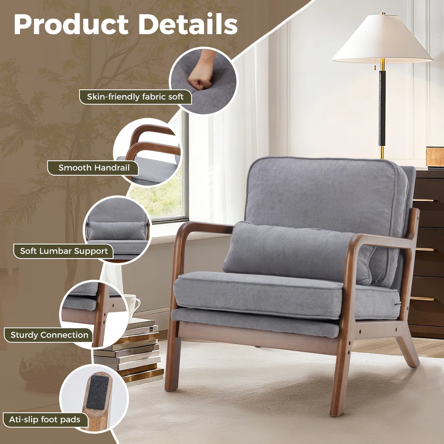 JHK Mid Century Modern Chair Solid Wooden Frame Accent Chair with Arms and Waist Cushion Reading Chairs for Adults Lounge Chair