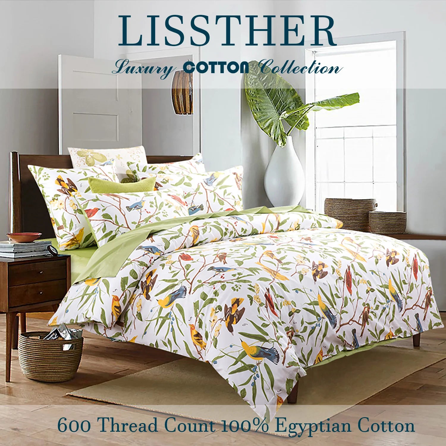 LISSTHERCN 3Pc Egyptian Cotton Duvet Cover Set Bird Floral