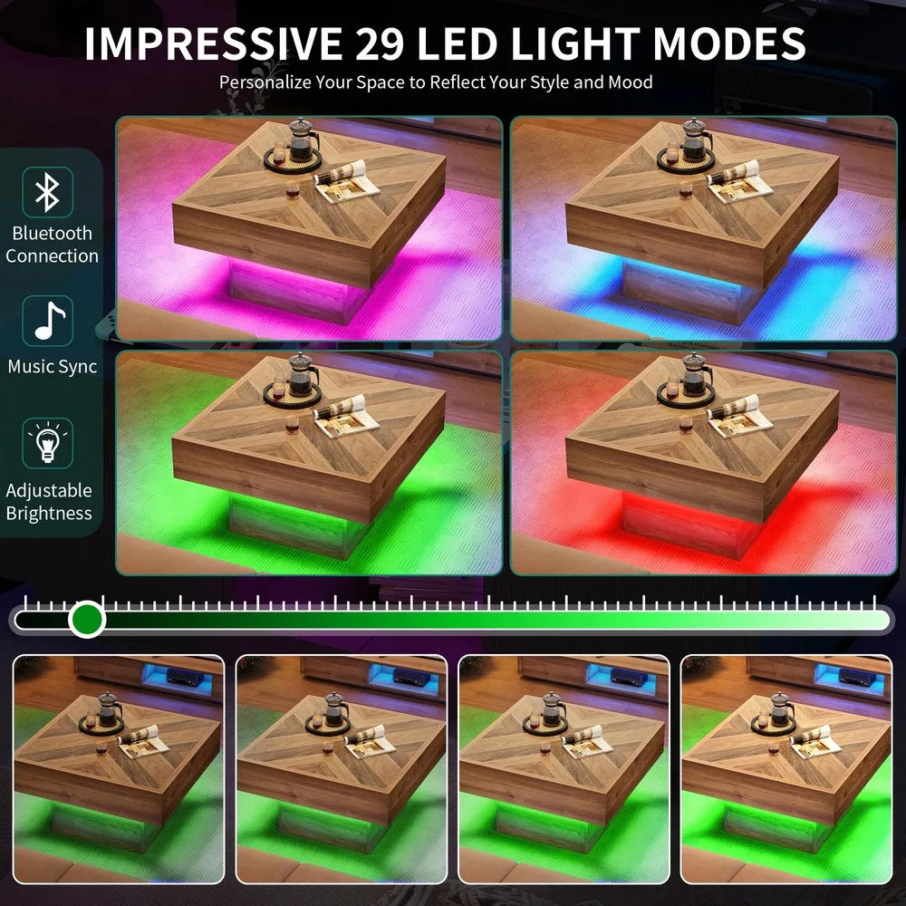 Square LED Coffee Table with 2 Drawers Modern Sofa Center Table for Living Room