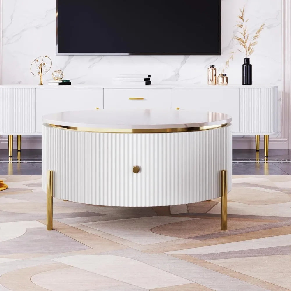 Contemporary Round Marble Pattern Coffee Table With 2 Storage Drawers