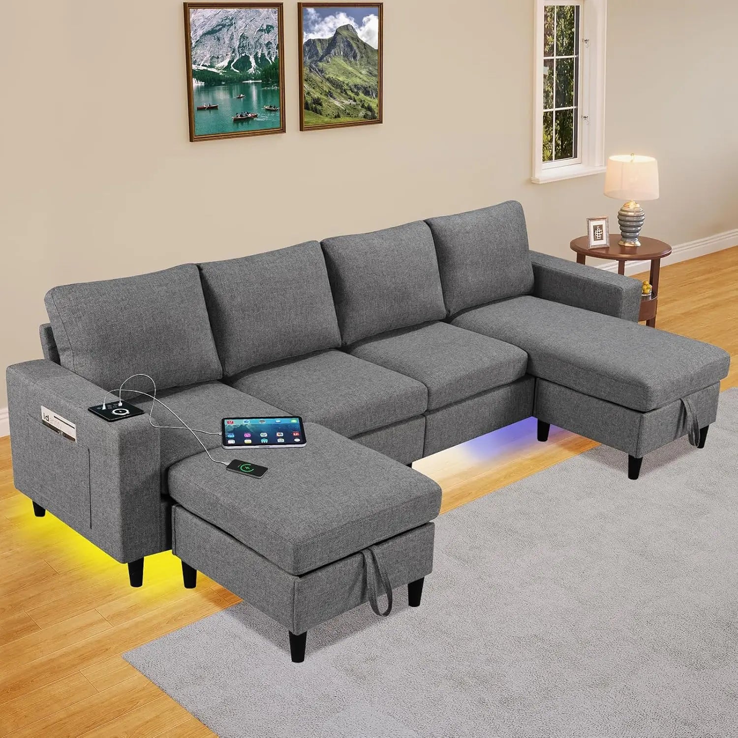 Sectional Couches for Living Room, 6-Seats Soft Linen Fabric Sectional Sofa with Storage Ottoman, Modern Convertible U/L Shaped