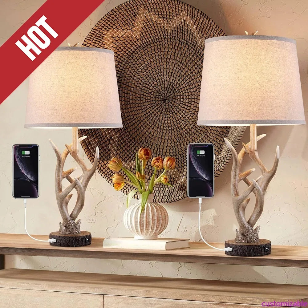 XMSJB Rustic Western Table Lamp Pair With USB Ports